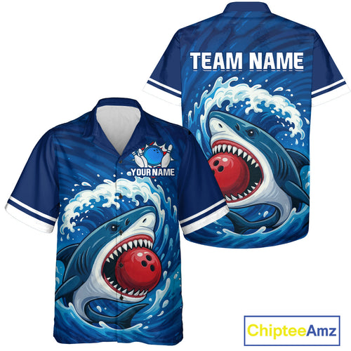 Custom Blue Shark Bowling Hawaiian Shirt, Shark Bowling Team League Hawaiian Shirt