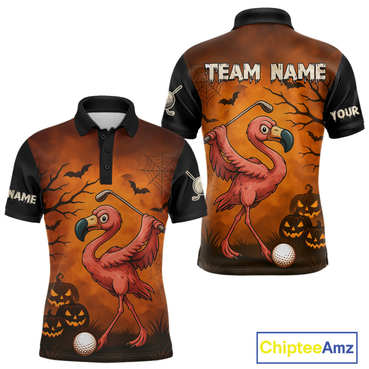 Black and Orange Funny Flamingo Golf Polo Shirt Custom Halloween Golf Attire Golfing Gifts