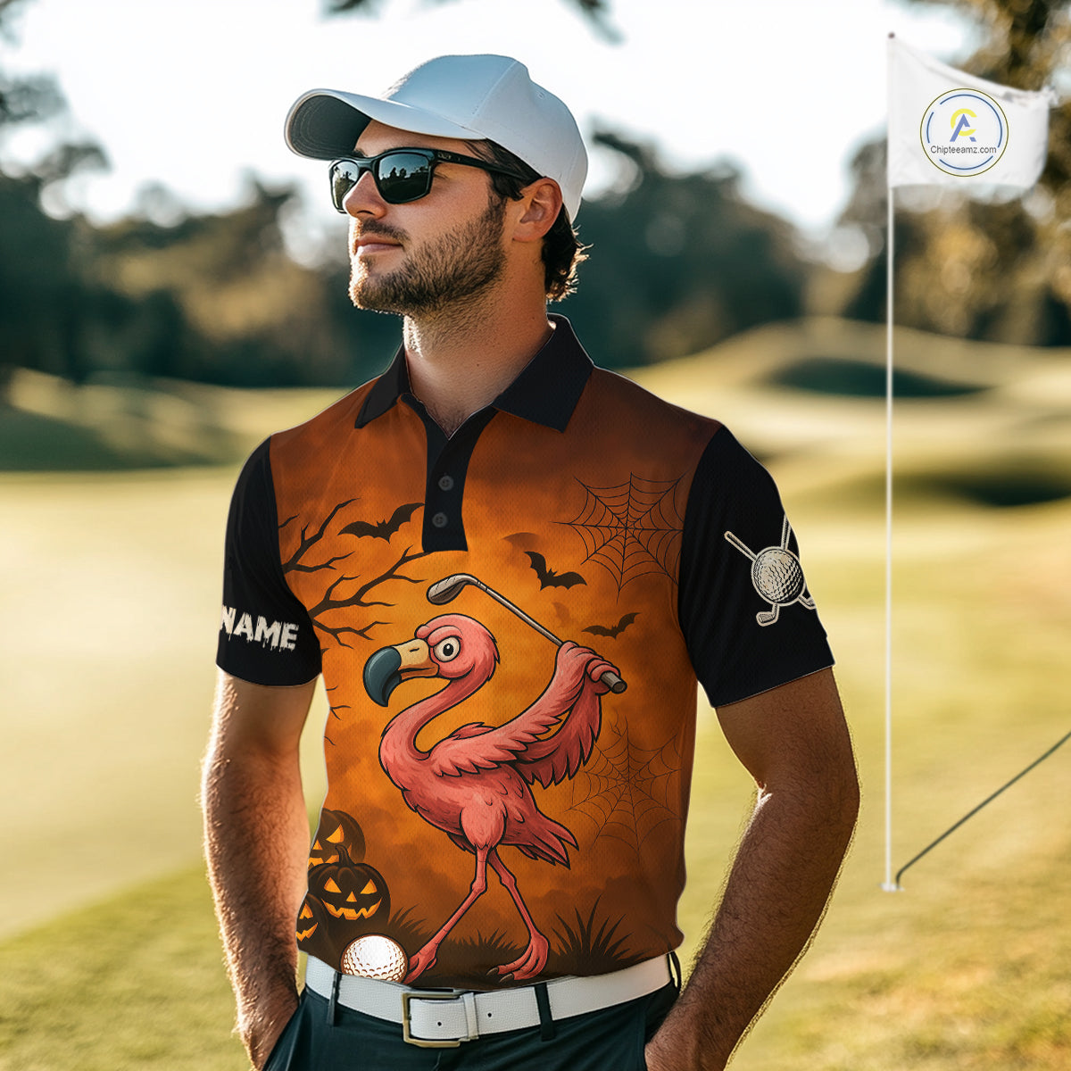 Black and Orange Funny Flamingo Golf Polo Shirt Custom Halloween Golf Attire Golfing Gifts