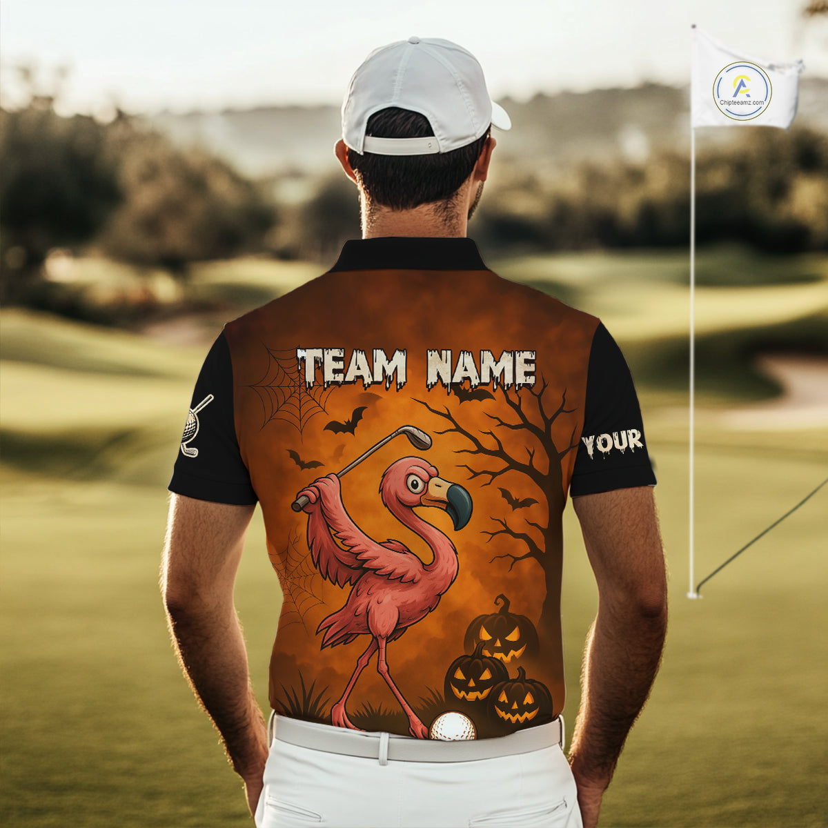 Black and Orange Funny Flamingo Golf Polo Shirt Custom Halloween Golf Attire Golfing Gifts