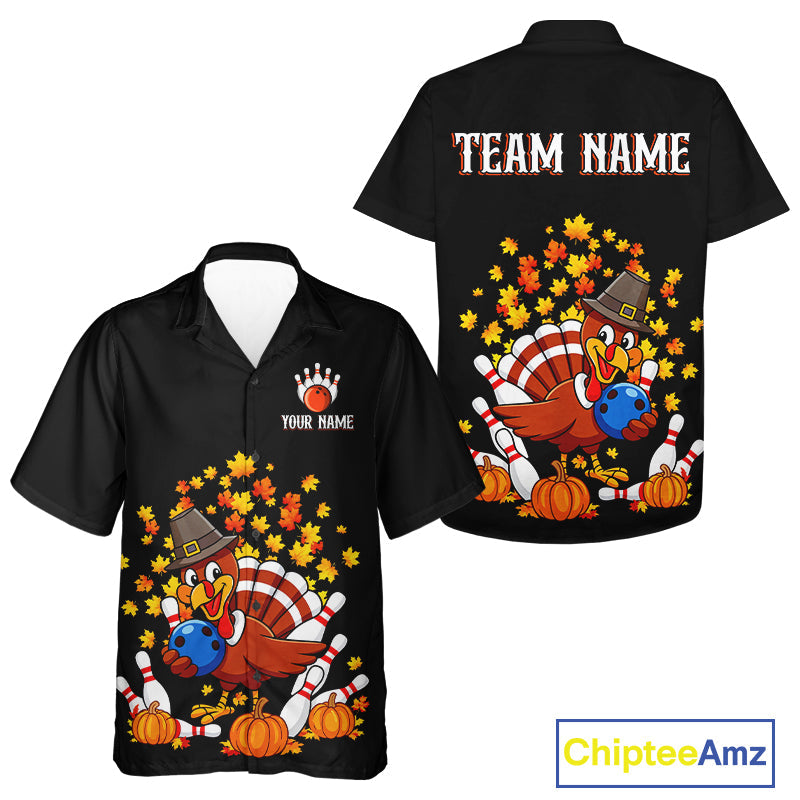 Funny Turkey Bowling Hawaiian Shirt, Autumn Leaf Thanksgiving Bowling Tournament Shirts