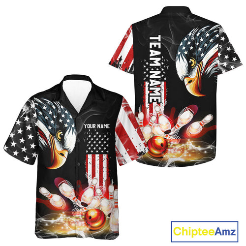 American Flag smoke Eagle Bowling Hawaiian Shirt Custom patriotic Bowling team button up shirt