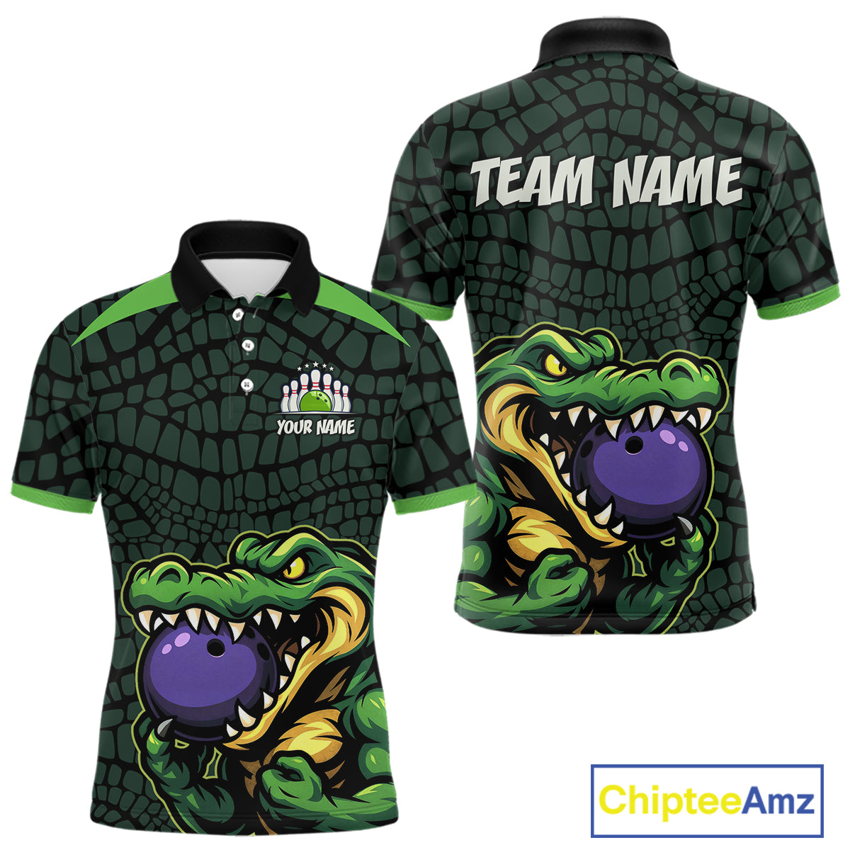 Green Alligator Bowling Polo, Quarter Zip shirts Custom Team bowling uniform jersey
