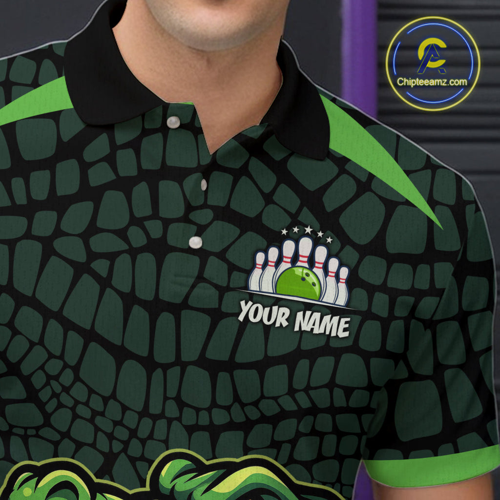 Green Alligator Bowling Polo, Quarter Zip shirts Custom Team bowling uniform jersey