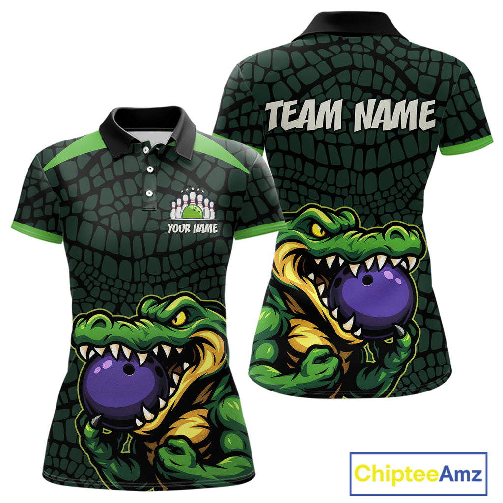 Green Alligator Bowling Polo, Quarter Zip shirts Custom Team bowling uniform jersey