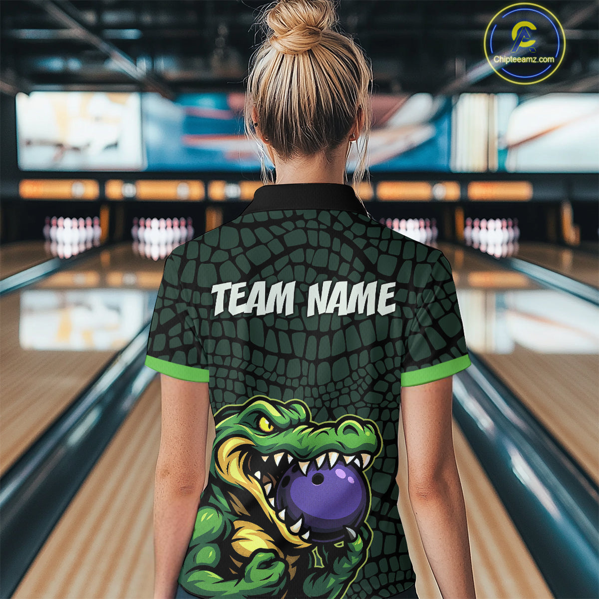 Green Alligator Bowling Polo, Quarter Zip shirts Custom Team bowling uniform jersey