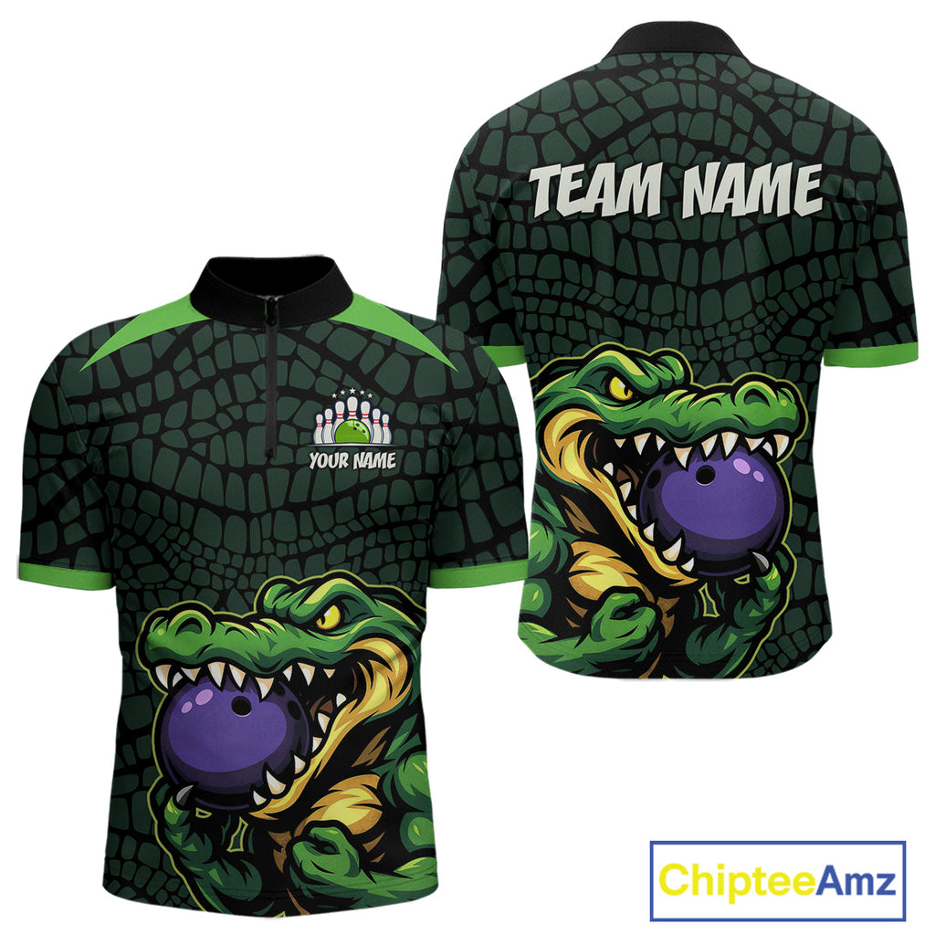 Green Alligator Bowling Polo, Quarter Zip shirts Custom Team bowling uniform jersey