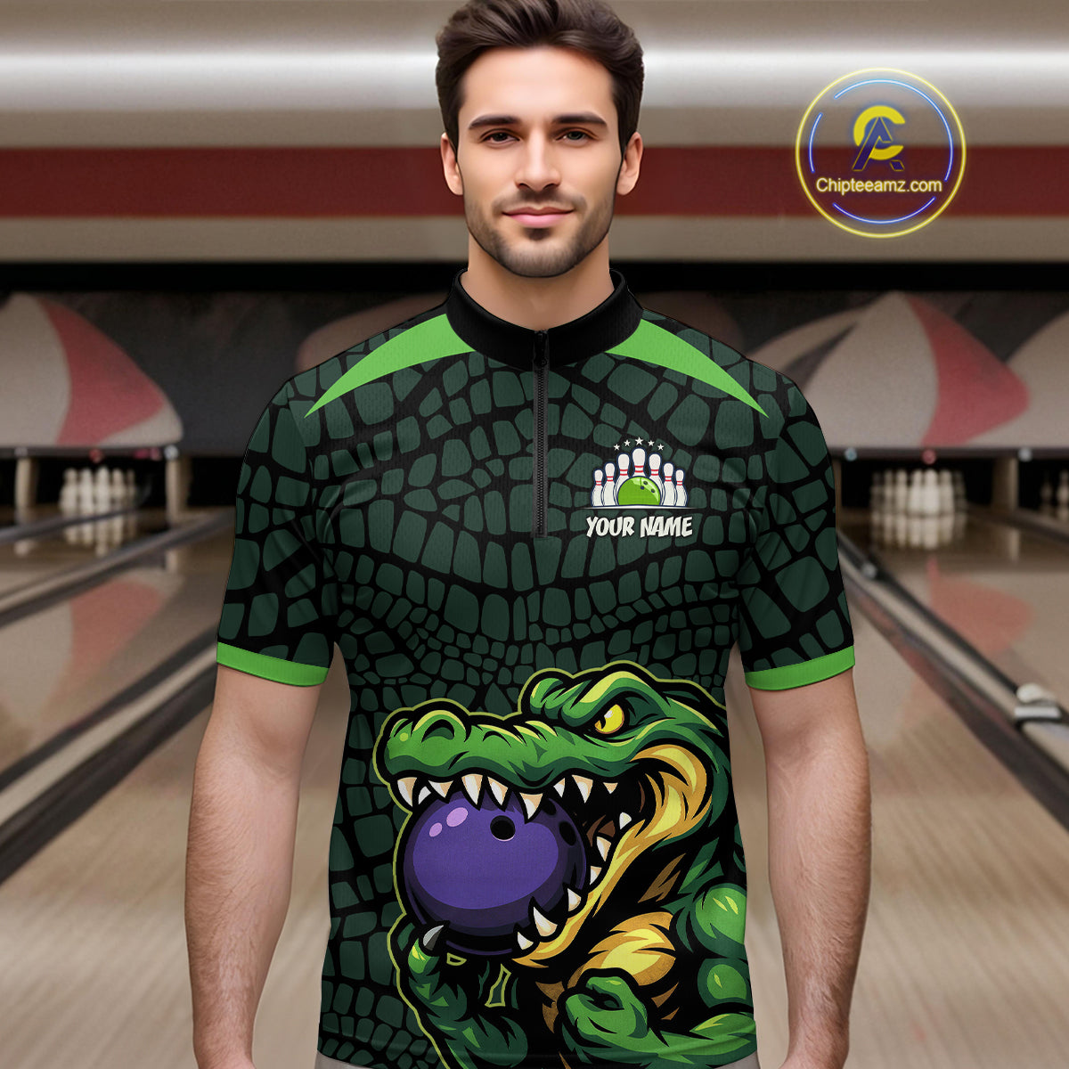 Green Alligator Bowling Polo, Quarter Zip shirts Custom Team bowling uniform jersey