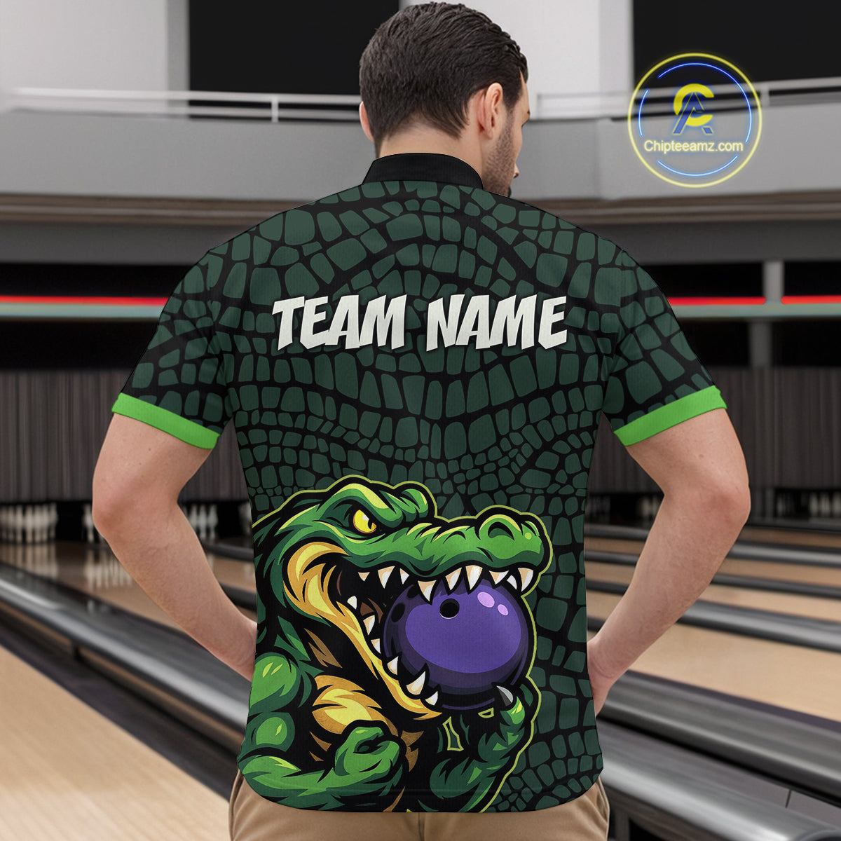 Green Alligator Bowling Polo, Quarter Zip shirts Custom Team bowling uniform jersey