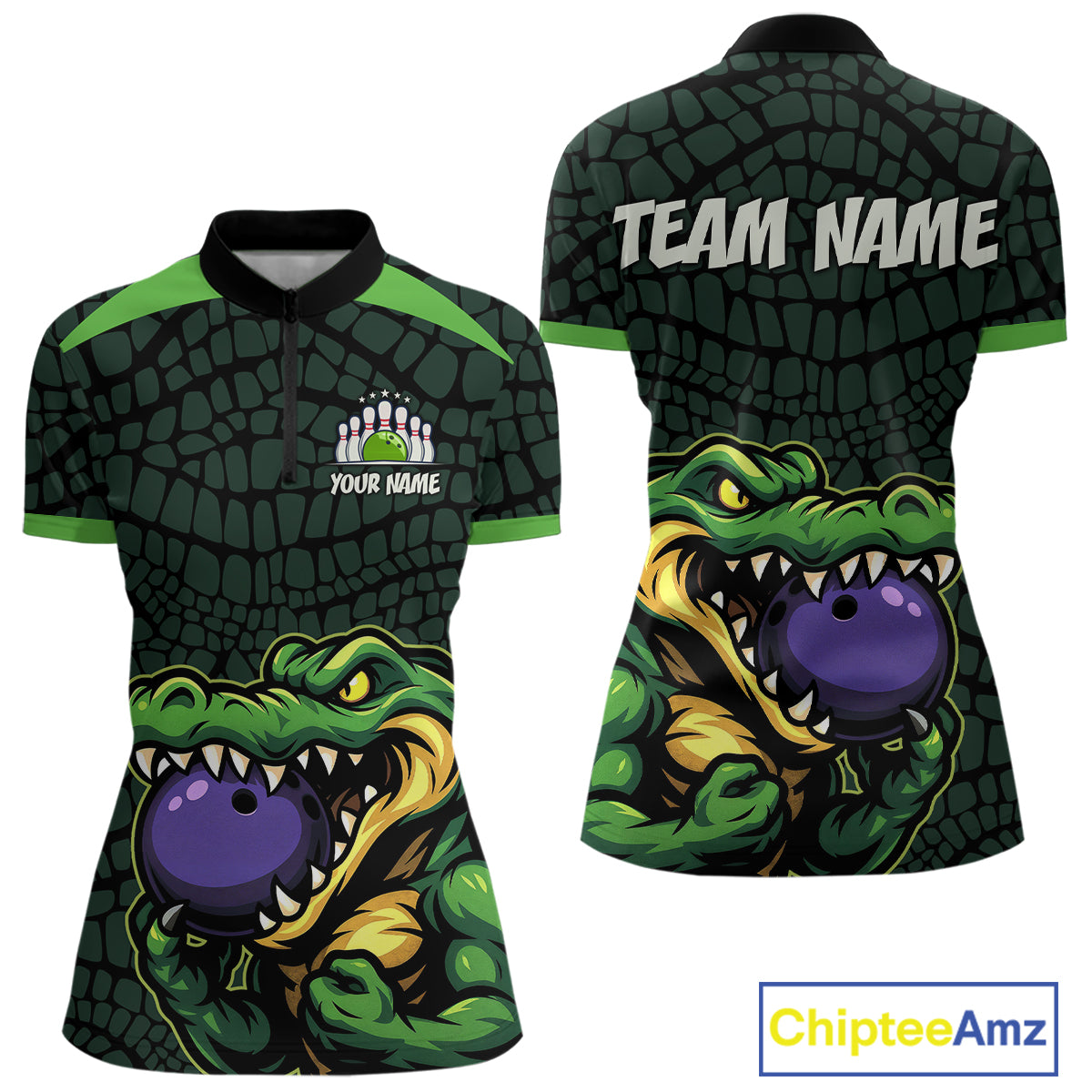 Green Alligator Bowling Polo, Quarter Zip shirts Custom Team bowling uniform jersey