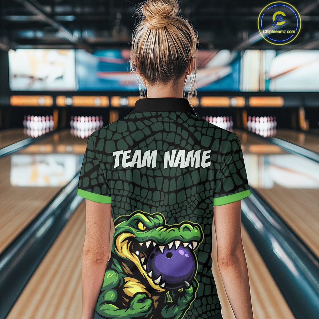 Green Alligator Bowling Polo, Quarter Zip shirts Custom Team bowling uniform jersey