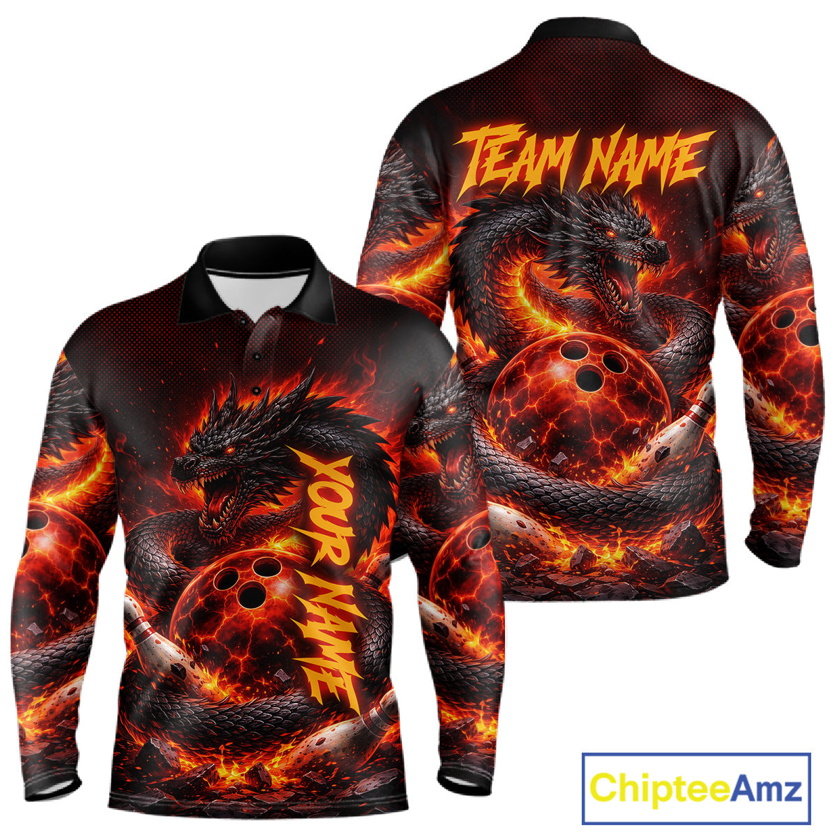 Custom Red Dragon Bowling Polo Shirts, Bowling 1/4 zip jersey, Team Bowling League jerseys