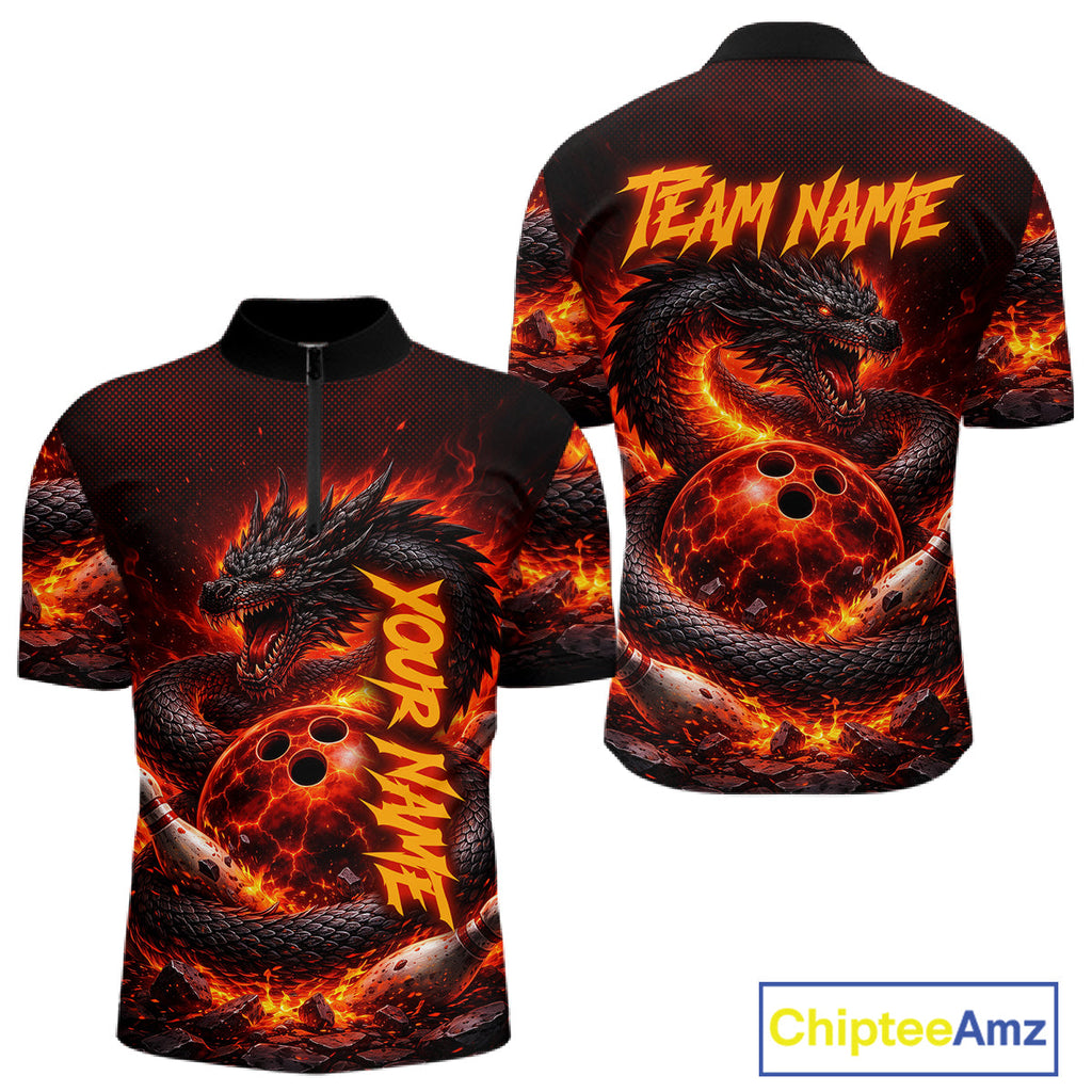Custom Red Dragon Bowling Polo Shirts, Bowling 1/4 zip jersey, Team Bowling League jerseys