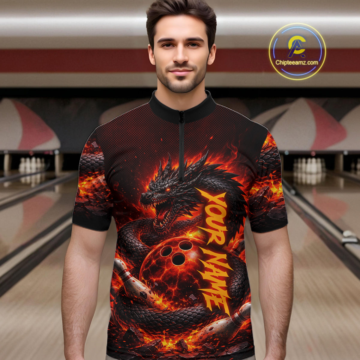 Custom Red Dragon Bowling Polo Shirts, Bowling 1/4 zip jersey, Team Bowling League jerseys