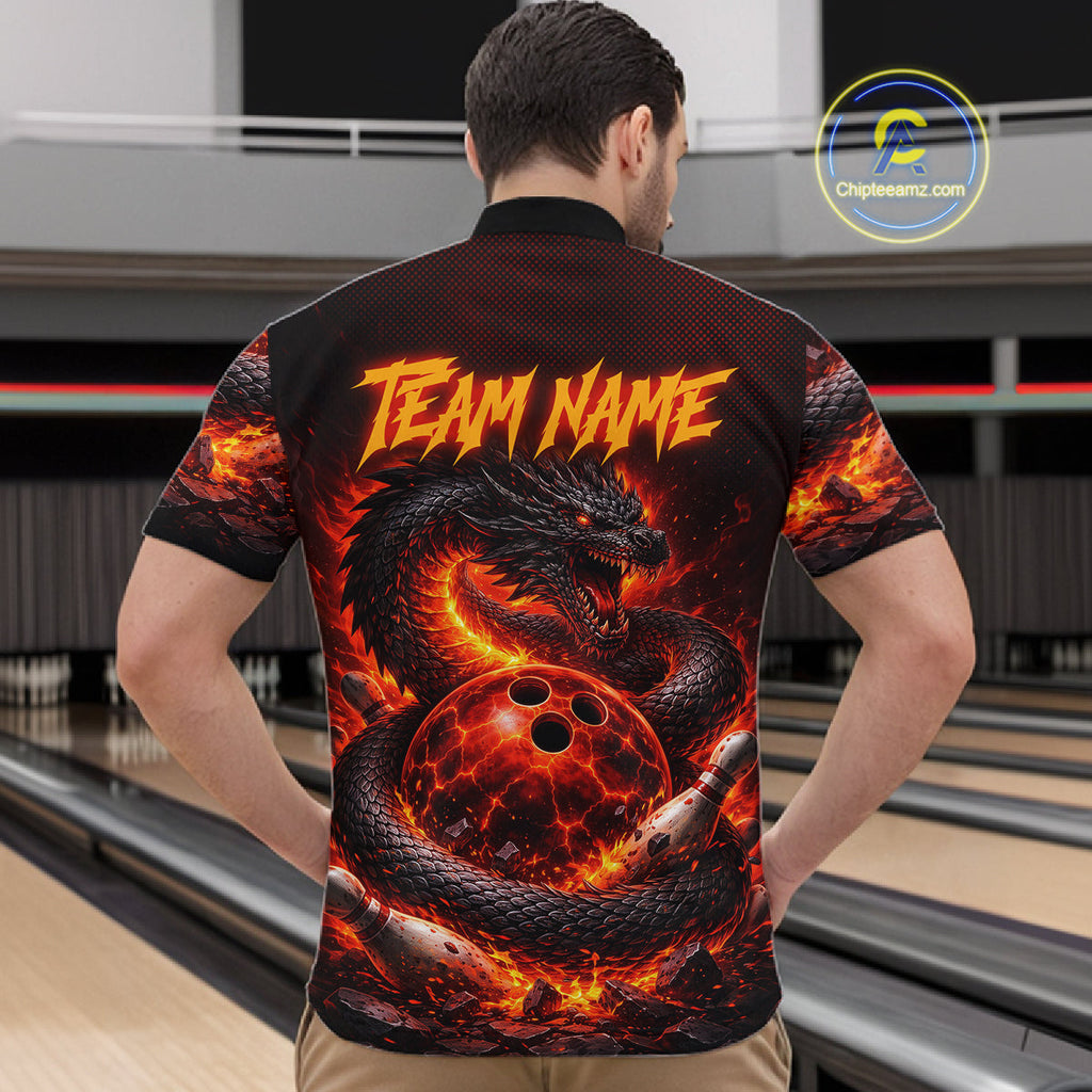 Custom Red Dragon Bowling Polo Shirts, Bowling 1/4 zip jersey, Team Bowling League jerseys