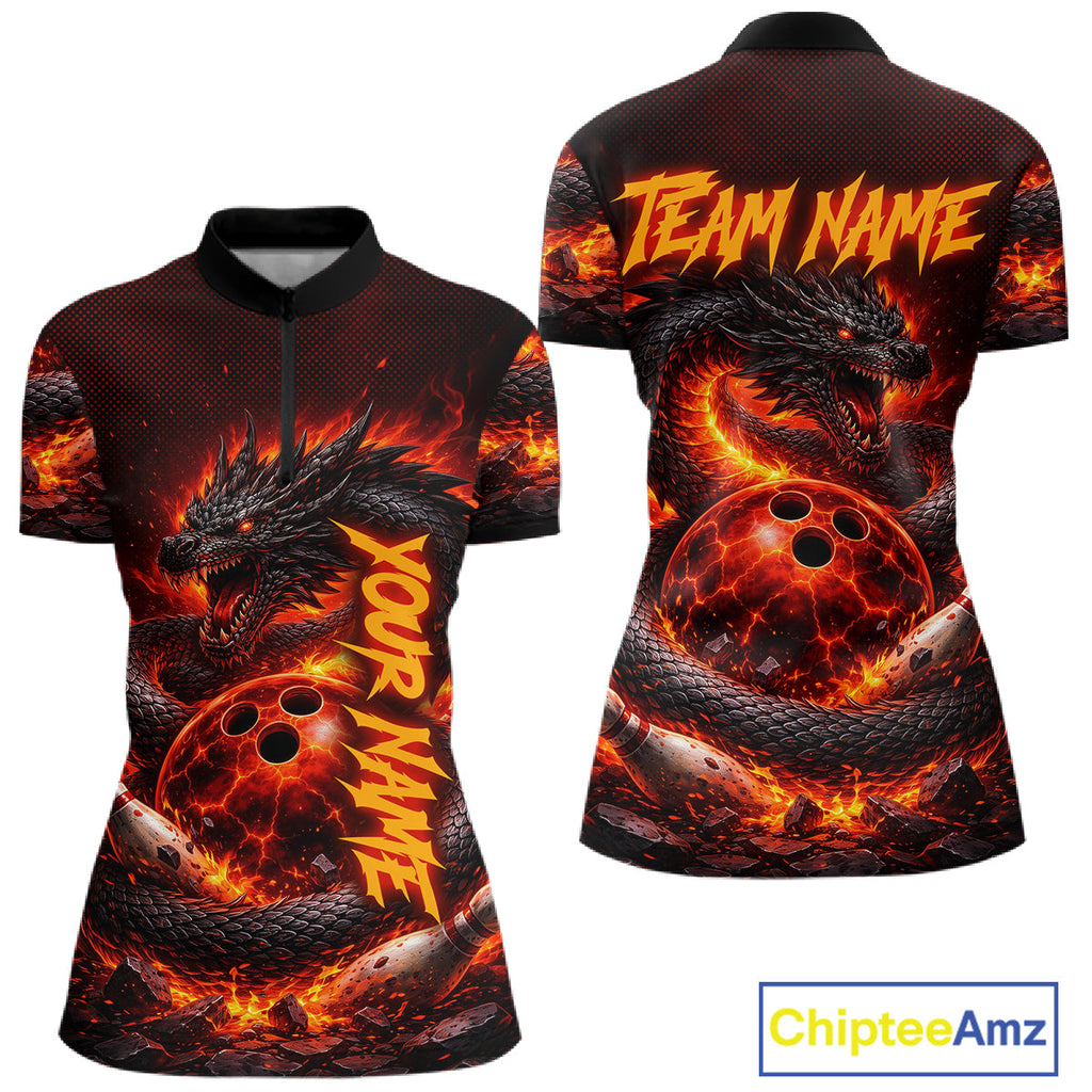 Custom Red Dragon Bowling Polo Shirts, Bowling 1/4 zip jersey, Team Bowling League jerseys