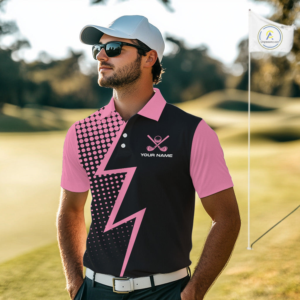 Black and Pink dots pattern Lightning Golf polo shirts custom golf top