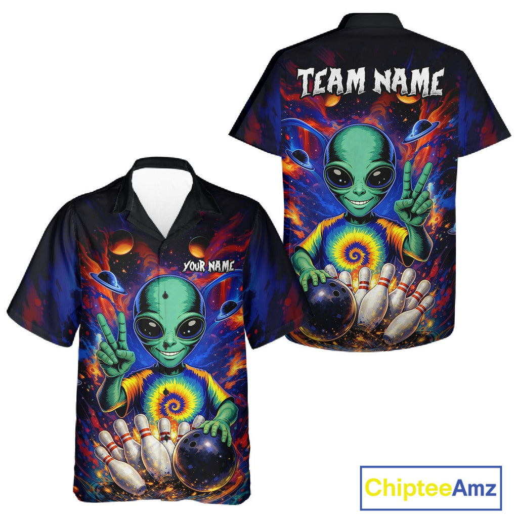 Funny Colorful Galaxy Alien Bowling Hawaiian Shirt Custom Bowling Team Outfit, Gift For Bowler