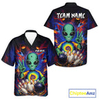 Funny Colorful Galaxy Alien Bowling Hawaiian Shirt Custom Bowling Team Outfit, Gift For Bowler