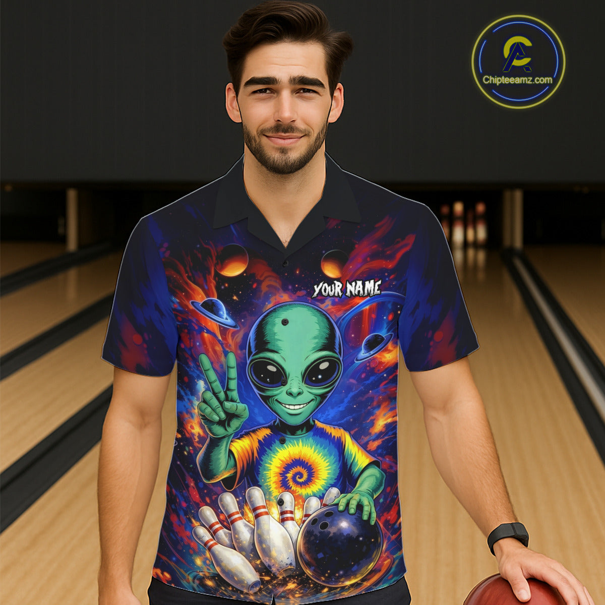Funny Colorful Galaxy Alien Bowling Hawaiian Shirt Custom Bowling Team Outfit, Gift For Bowler