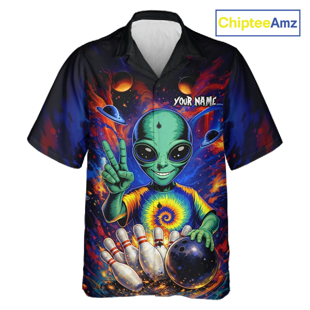 Funny Colorful Galaxy Alien Bowling Hawaiian Shirt Custom Bowling Team Outfit, Gift For Bowler
