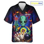 Funny Colorful Galaxy Alien Bowling Hawaiian Shirt Custom Bowling Team Outfit, Gift For Bowler