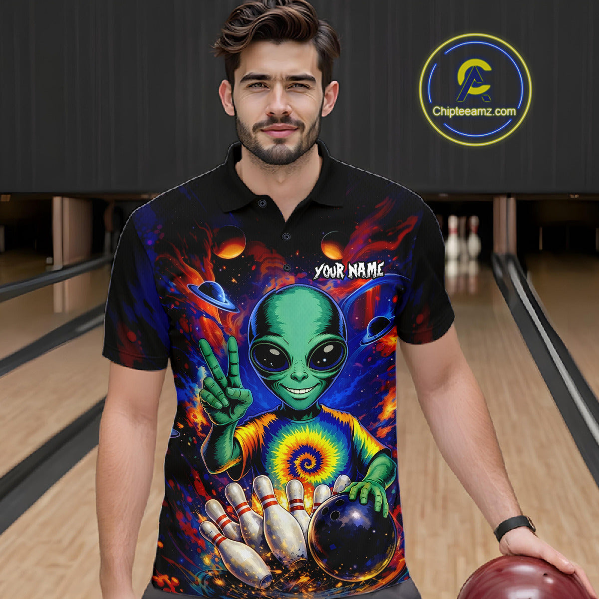 Funny Colorful Galaxy Alien Bowling Shirts Custom Bowling Team Outfit, Gift For Bowler