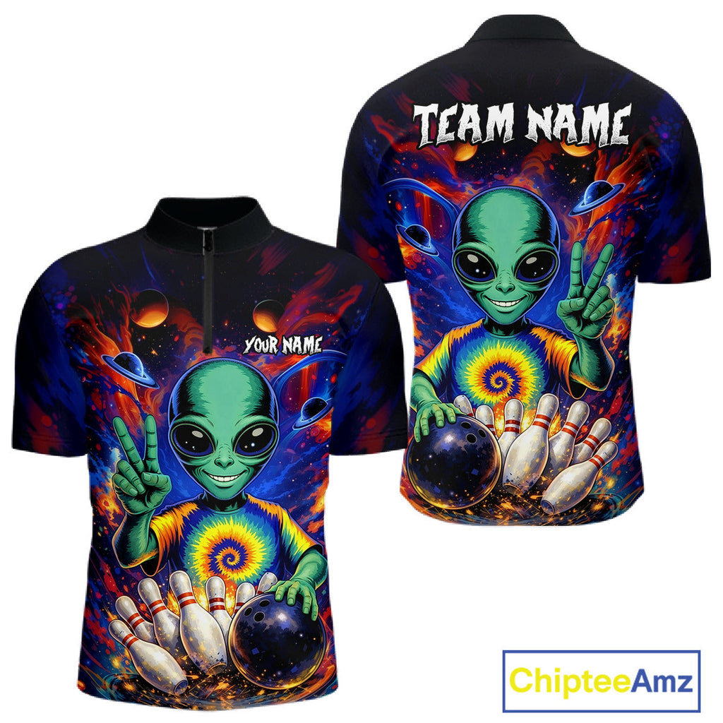 Funny Colorful Galaxy Alien Bowling Shirts Custom Bowling Team Outfit, Gift For Bowler