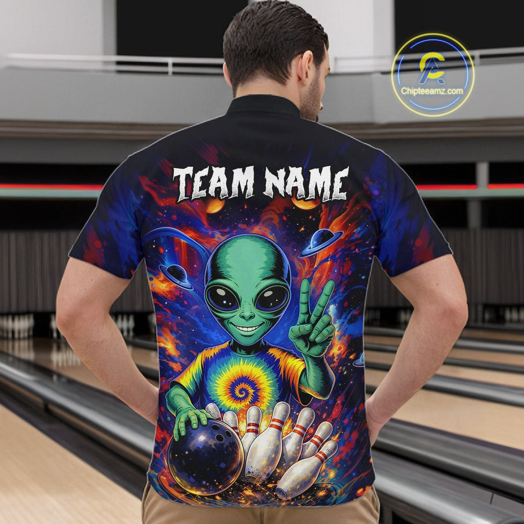Funny Colorful Galaxy Alien Bowling Shirts Custom Bowling Team Outfit, Gift For Bowler