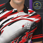 Red Flame Bowling Polo, Quarter Zip Shirts Custom Bowling Team Jerseys, Gift For Bowlers