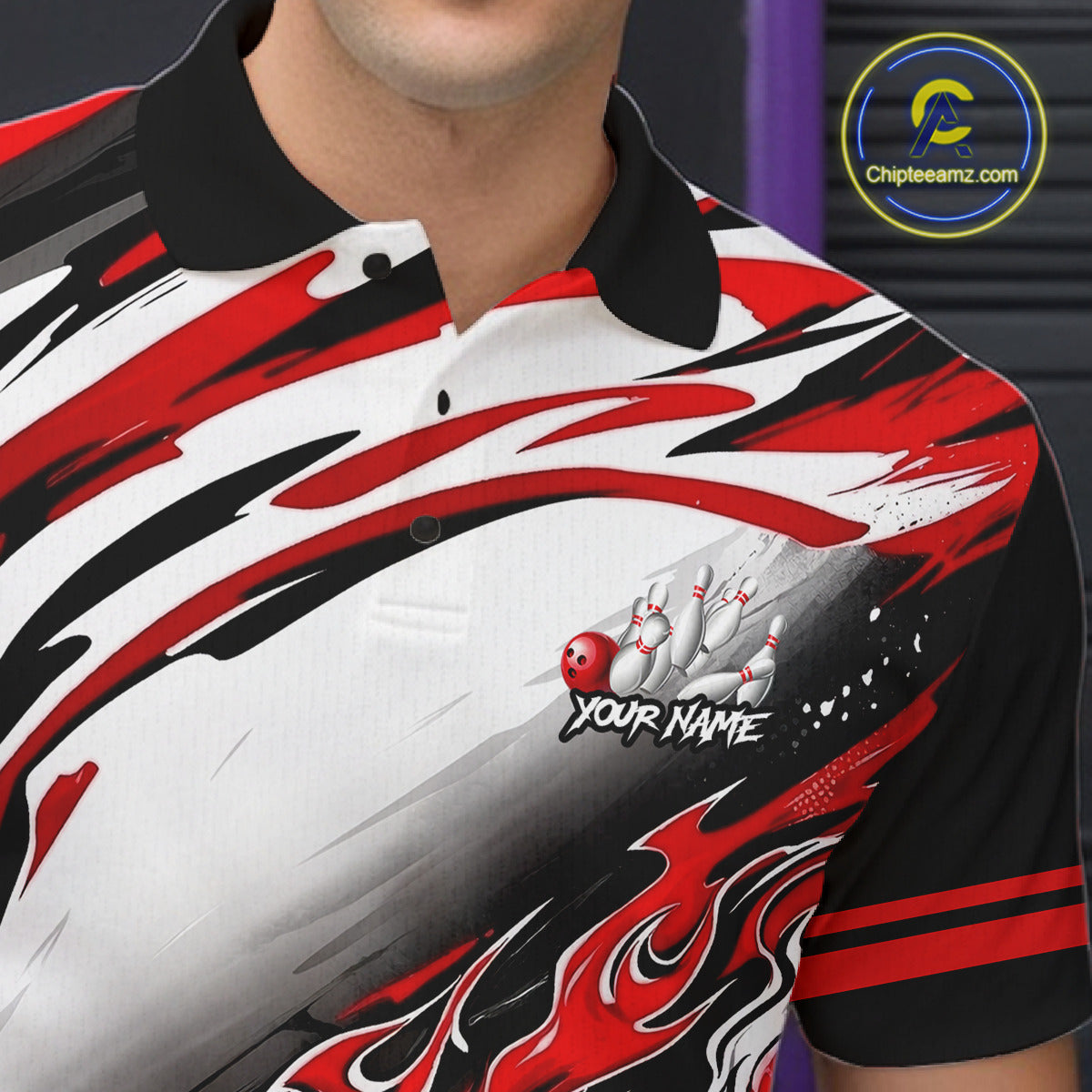 Red Flame Bowling Polo, Quarter Zip Shirts Custom Bowling Team Jerseys, Gift For Bowlers