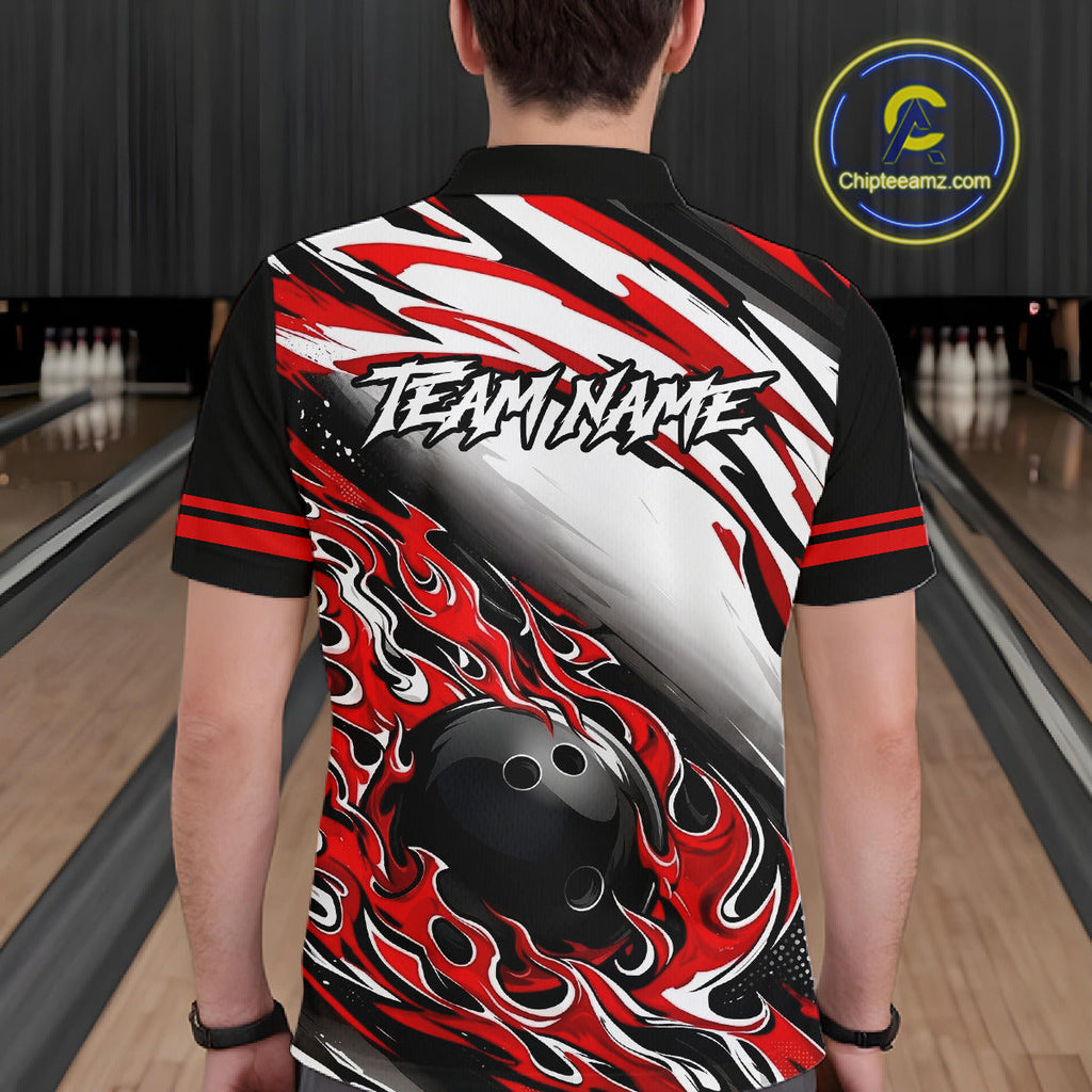 Red Flame Bowling Polo, Quarter Zip Shirts Custom Bowling Team Jerseys, Gift For Bowlers