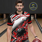 Red Flame Bowling Polo, Quarter Zip Shirts Custom Bowling Team Jerseys, Gift For Bowlers