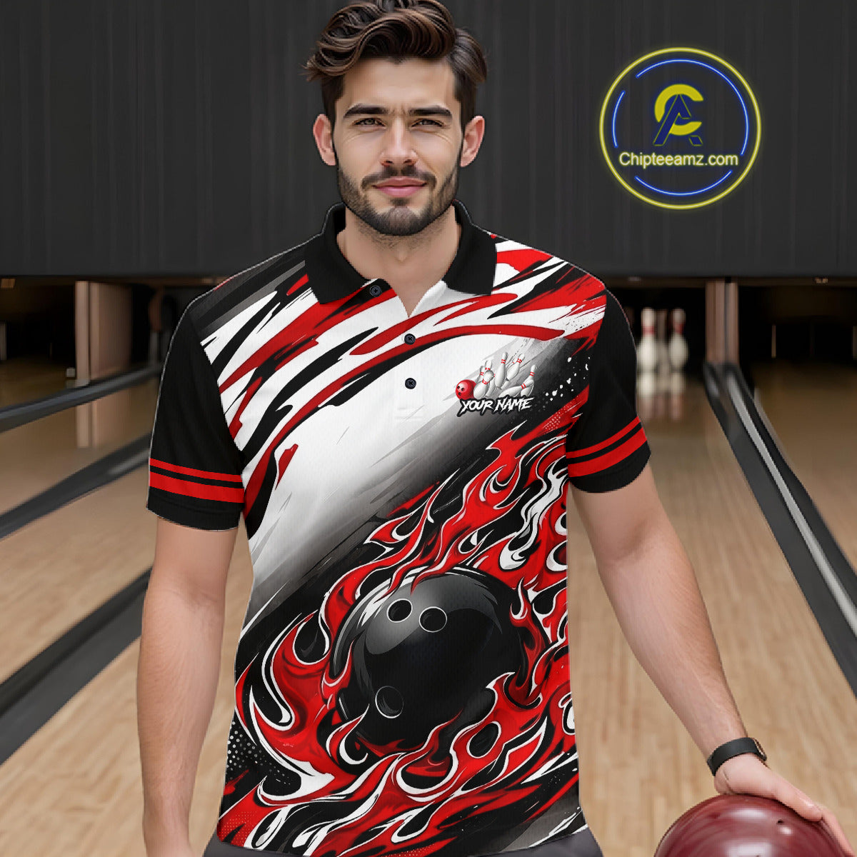 Red Flame Bowling Polo, Quarter Zip Shirts Custom Bowling Team Jerseys, Gift For Bowlers