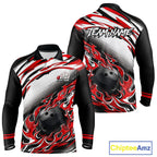 Red Flame Bowling Polo, Quarter Zip Shirts Custom Bowling Team Jerseys, Gift For Bowlers