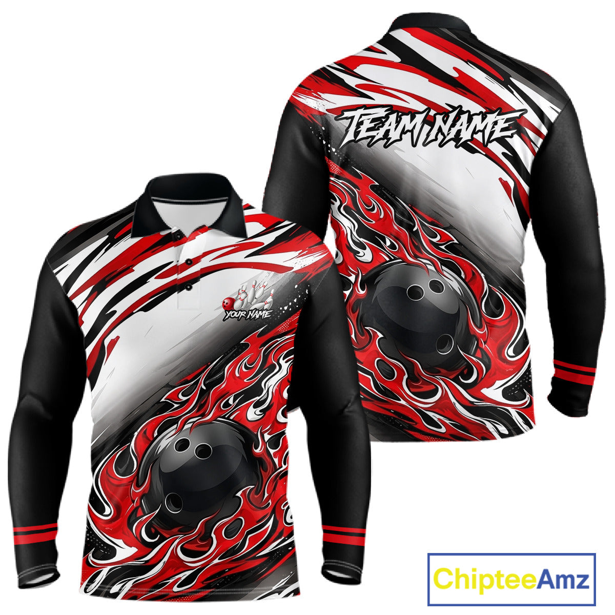 Red Flame Bowling Polo, Quarter Zip Shirts Custom Bowling Team Jerseys, Gift For Bowlers