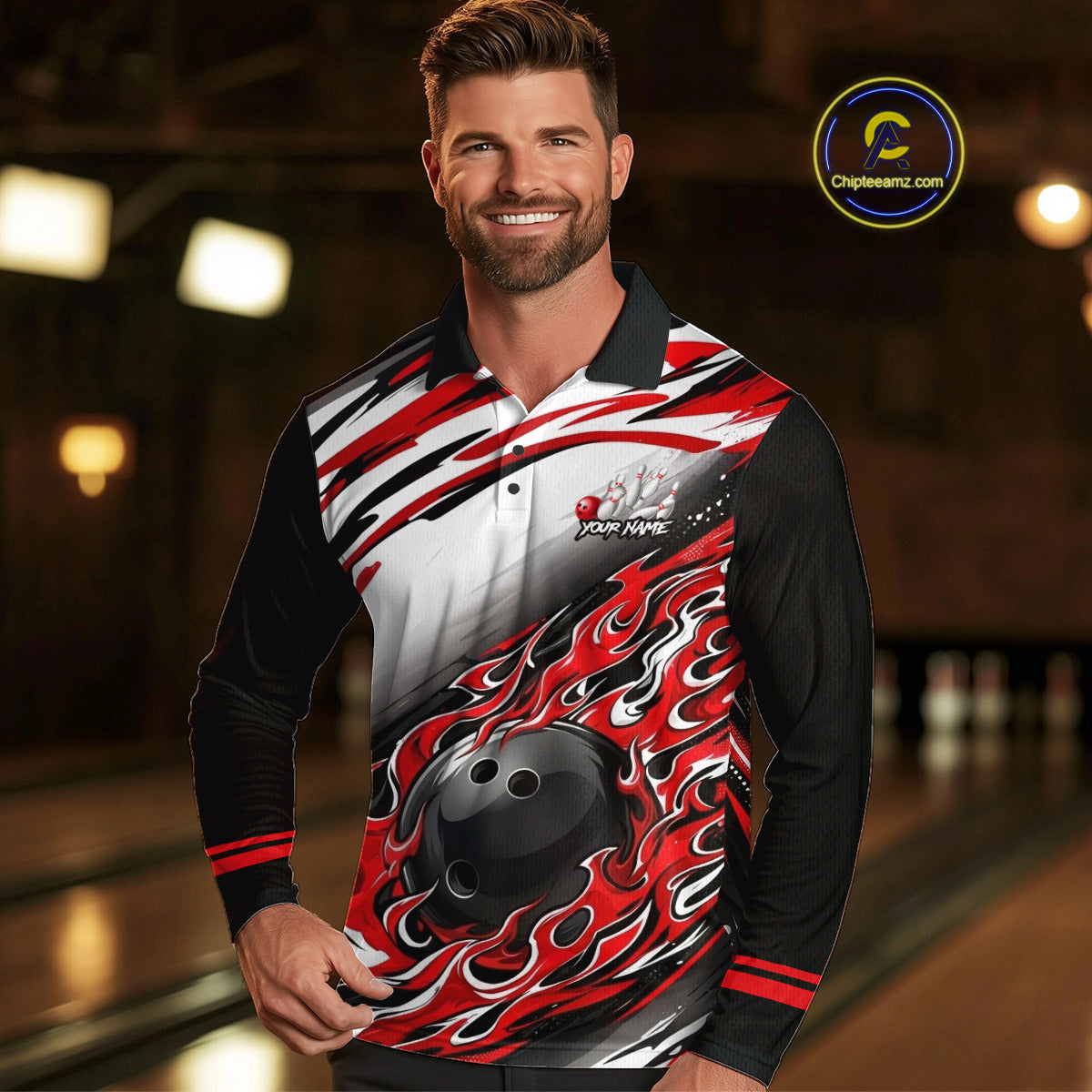 Red Flame Bowling Polo, Quarter Zip Shirts Custom Bowling Team Jerseys, Gift For Bowlers