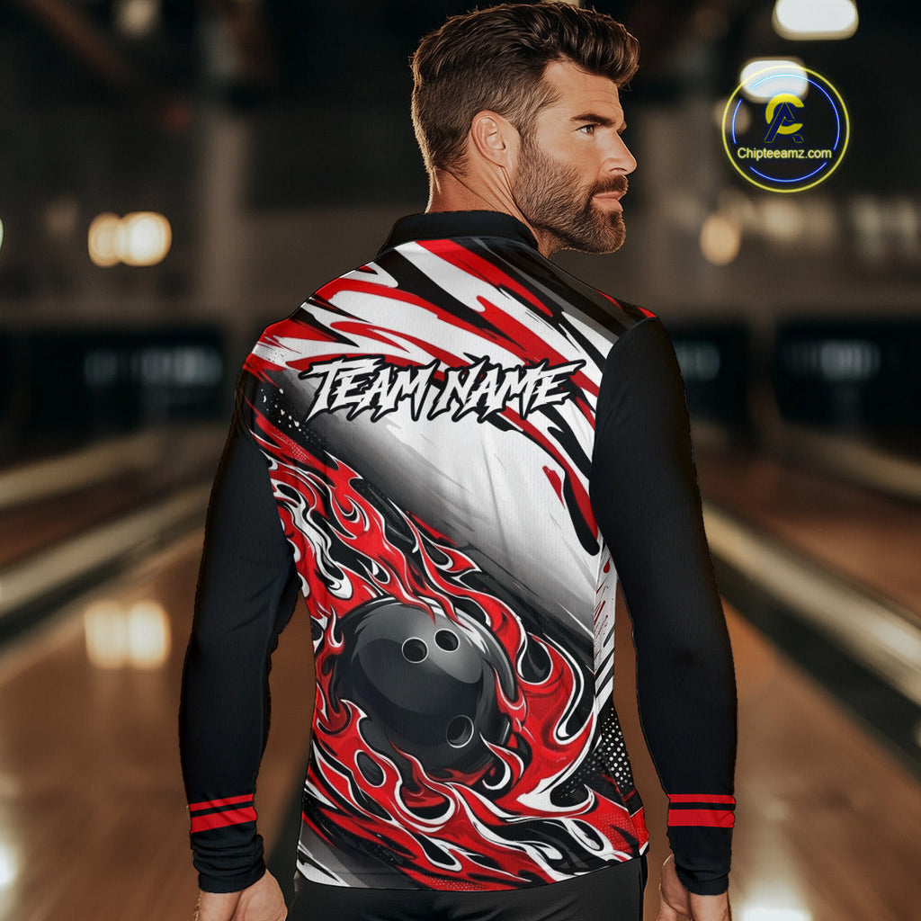 Red Flame Bowling Polo, Quarter Zip Shirts Custom Bowling Team Jerseys, Gift For Bowlers