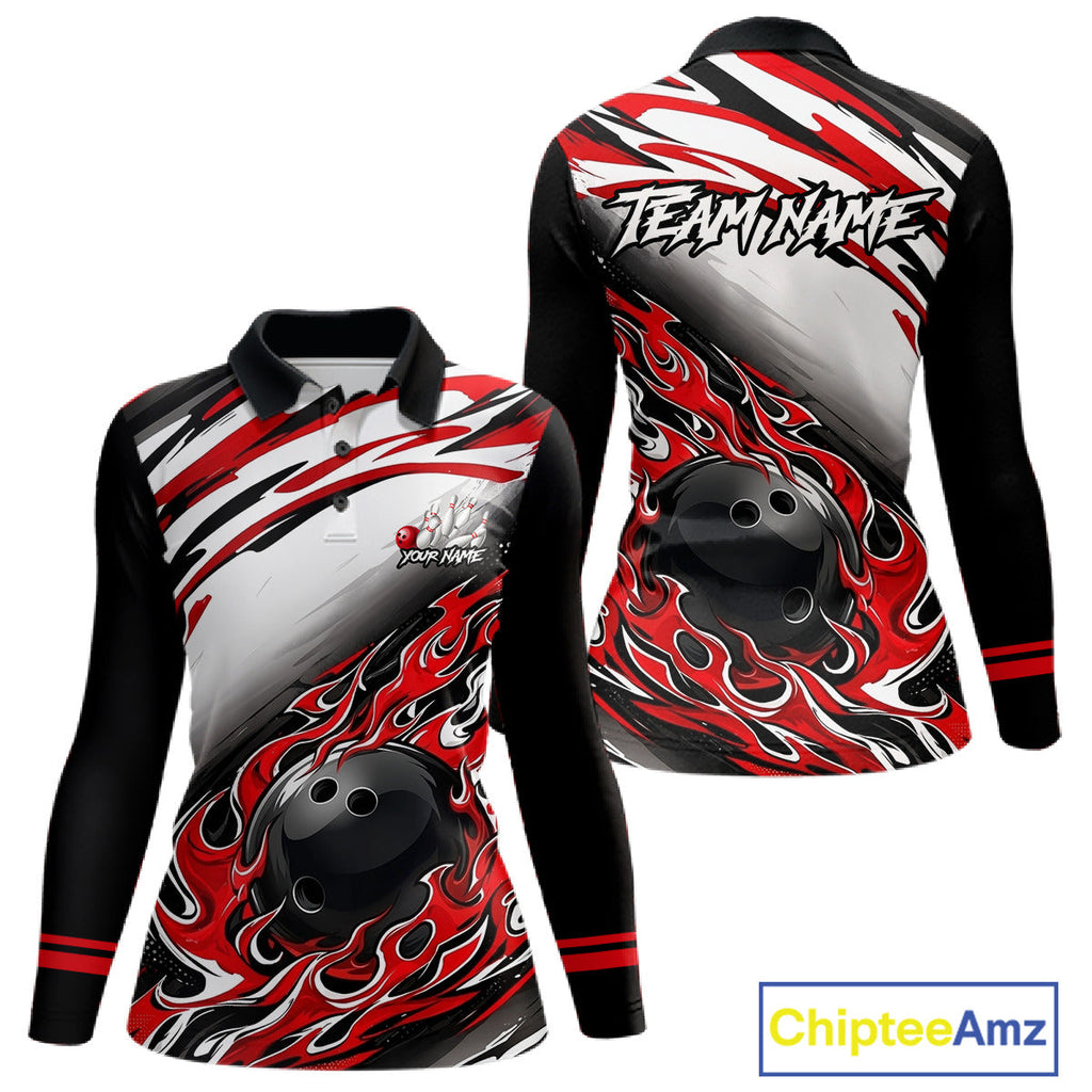 Red Flame Bowling Polo, Quarter Zip Shirts Custom Bowling Team Jerseys, Gift For Bowlers