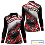 Red Flame Bowling Polo, Quarter Zip Shirts Custom Bowling Team Jerseys, Gift For Bowlers