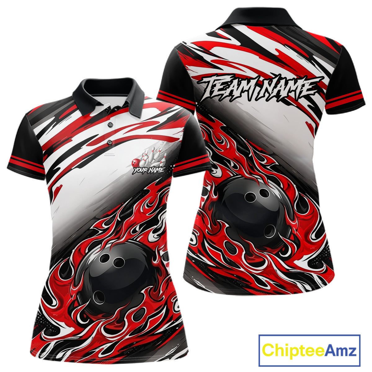 Red Flame Bowling Polo, Quarter Zip Shirts Custom Bowling Team Jerseys, Gift For Bowlers