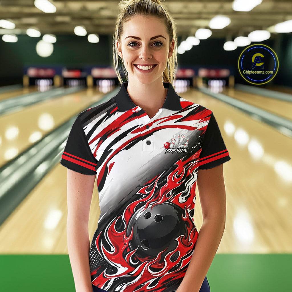 Red Flame Bowling Polo, Quarter Zip Shirts Custom Bowling Team Jerseys, Gift For Bowlers