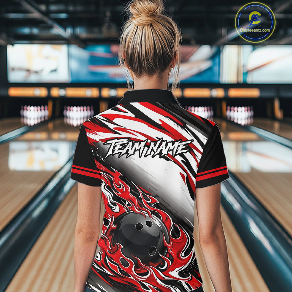 Red Flame Bowling Polo, Quarter Zip Shirts Custom Bowling Team Jerseys, Gift For Bowlers