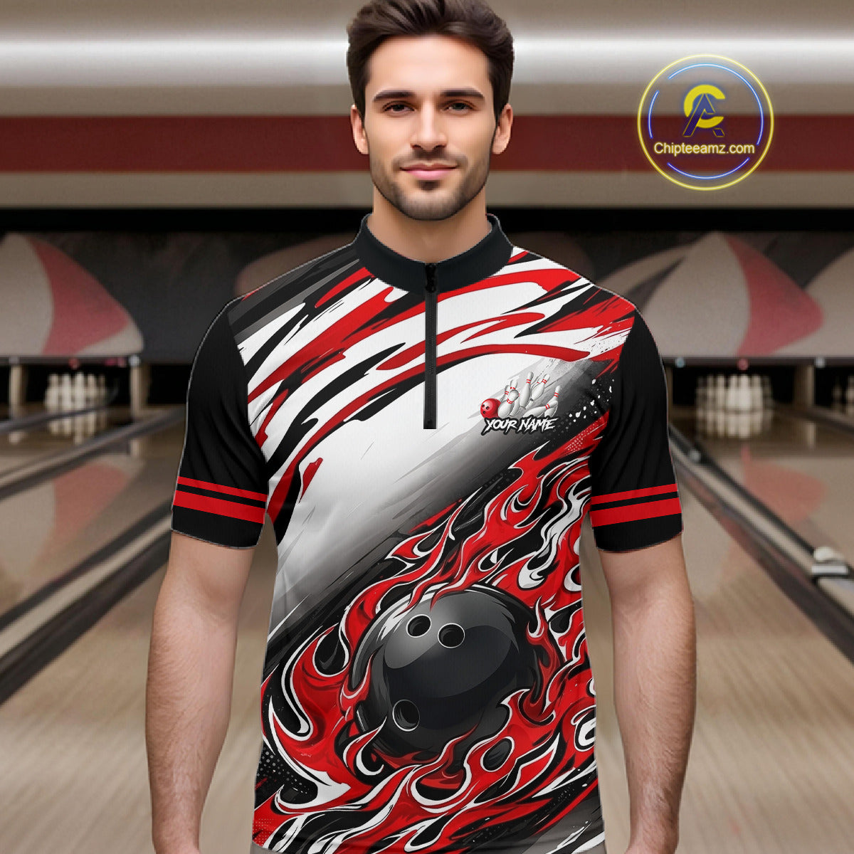 Red Flame Bowling Polo, Quarter Zip Shirts Custom Bowling Team Jerseys, Gift For Bowlers
