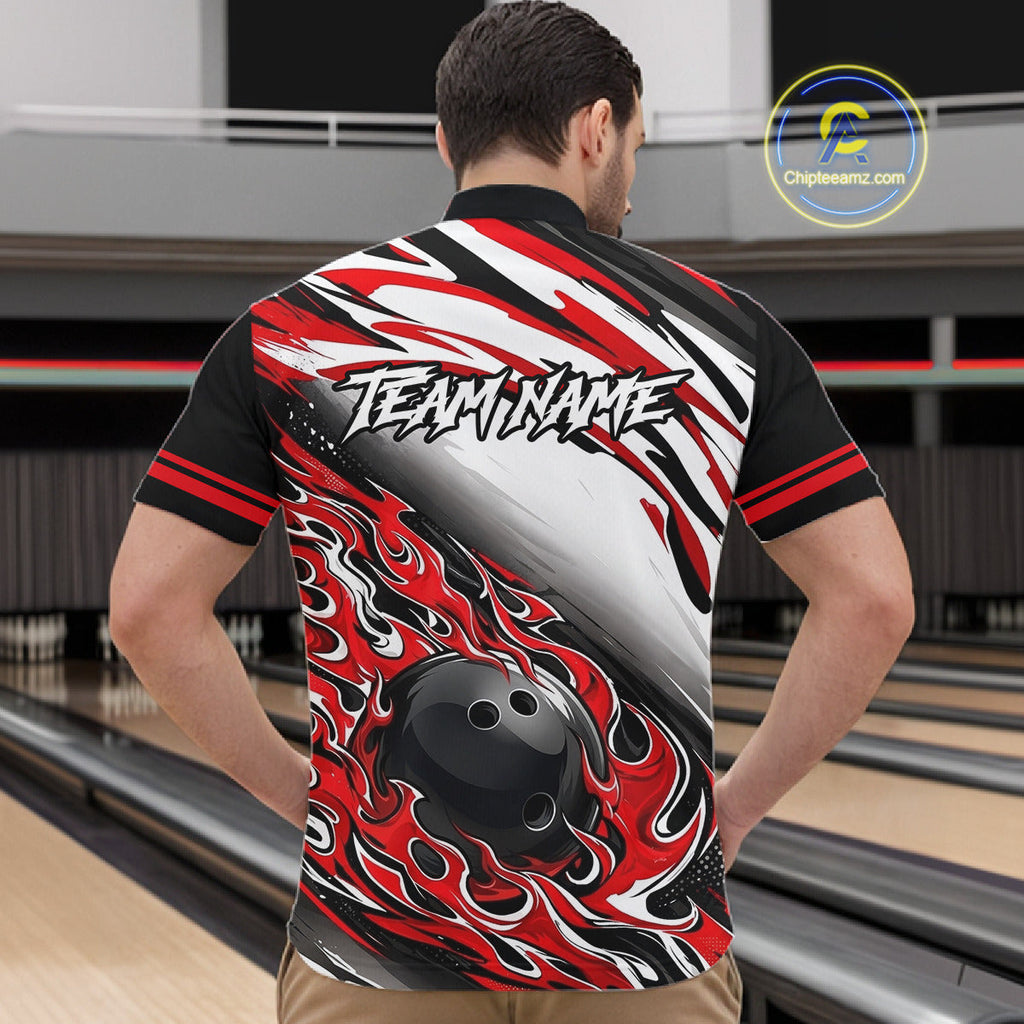 Red Flame Bowling Polo, Quarter Zip Shirts Custom Bowling Team Jerseys, Gift For Bowlers