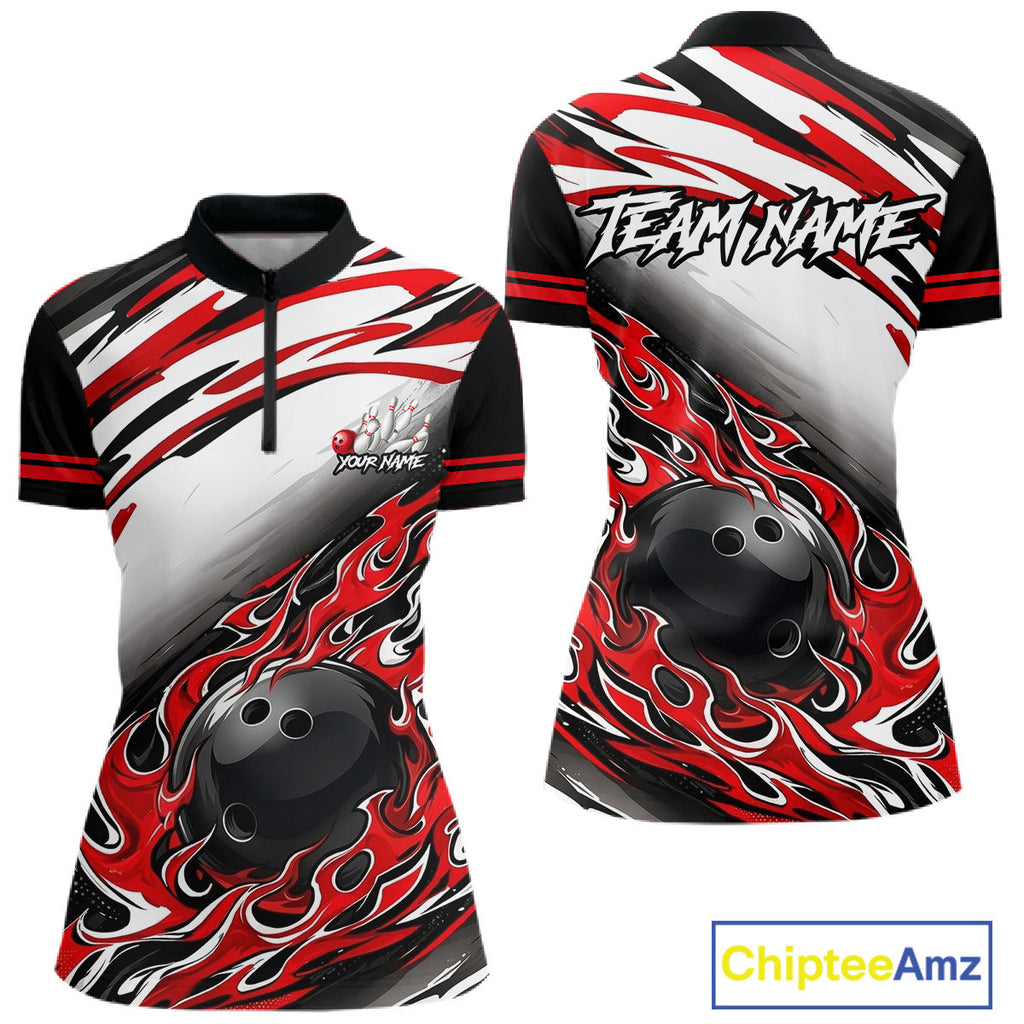 Red Flame Bowling Polo, Quarter Zip Shirts Custom Bowling Team Jerseys, Gift For Bowlers