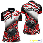 Red Flame Bowling Polo, Quarter Zip Shirts Custom Bowling Team Jerseys, Gift For Bowlers