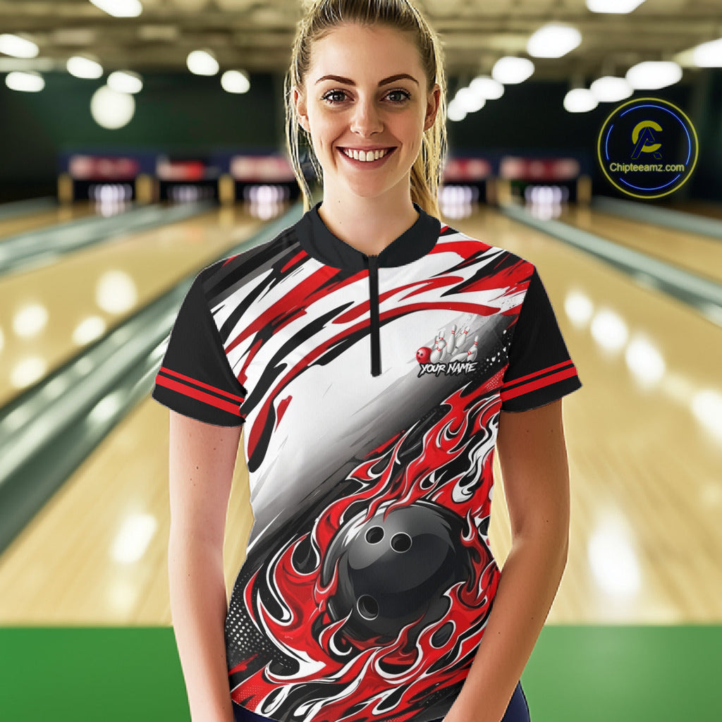 Red Flame Bowling Polo, Quarter Zip Shirts Custom Bowling Team Jerseys, Gift For Bowlers