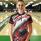 Red Flame Bowling Polo, Quarter Zip Shirts Custom Bowling Team Jerseys, Gift For Bowlers