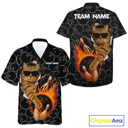 Custom Funny Cat Bowling Hawaiian shirt, black camo flame cool bowling uniform for team bowlers